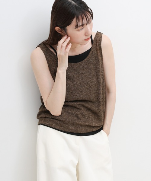 select MOCA(セレクトモカ)の「リネンシアーワッフルタンクテレコキャミセット(タンクトップ・レディース・チャコールグレー/ブラウン/グレイッシュベージュ/ブラック・FREE)」の3枚目の写真