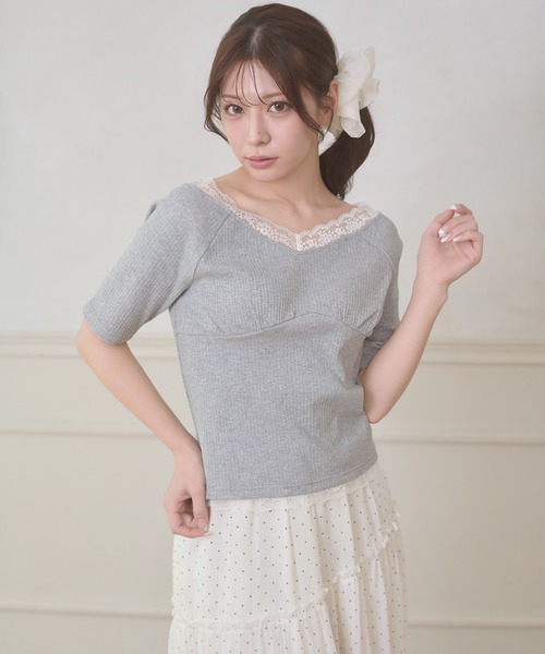 Ambre Neige(アンブルネージュ)の「lace docking rib tops / レースドッキングリブトップス(Tシャツ/カットソー・レディース・ブラック/グレー/オフホワイト・FREE)」の3枚目の写真