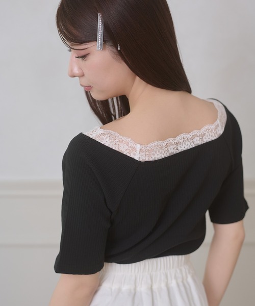 Ambre Neige(アンブルネージュ)の「lace docking rib tops / レースドッキングリブトップス(Tシャツ/カットソー・レディース・ブラック/グレー/オフホワイト・FREE)」の18枚目の写真