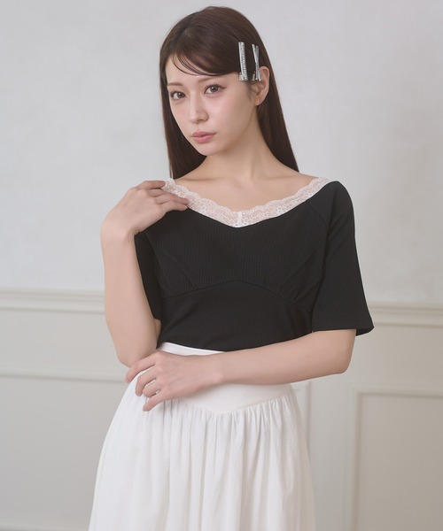 Ambre Neige(アンブルネージュ)の「lace docking rib tops / レースドッキングリブトップス(Tシャツ/カットソー・レディース・ブラック/グレー/オフホワイト・FREE)」の14枚目の写真