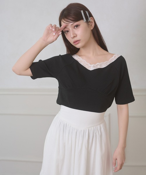 Ambre Neige(アンブルネージュ)の「lace docking rib tops / レースドッキングリブトップス(Tシャツ/カットソー・レディース・ブラック/グレー/オフホワイト・FREE)」の16枚目の写真