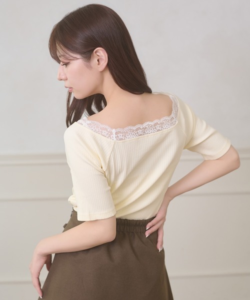 Ambre Neige(アンブルネージュ)の「lace docking rib tops / レースドッキングリブトップス(Tシャツ/カットソー・レディース・ブラック/グレー/オフホワイト・FREE)」の9枚目の写真