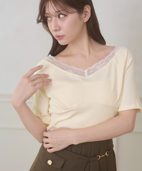 Ambre Neige(アンブルネージュ)の「lace docking rib tops / レースドッキングリブトップス(Tシャツ/カットソー・レディース・ブラック/グレー/オフホワイト・FREE)」の7枚目の写真