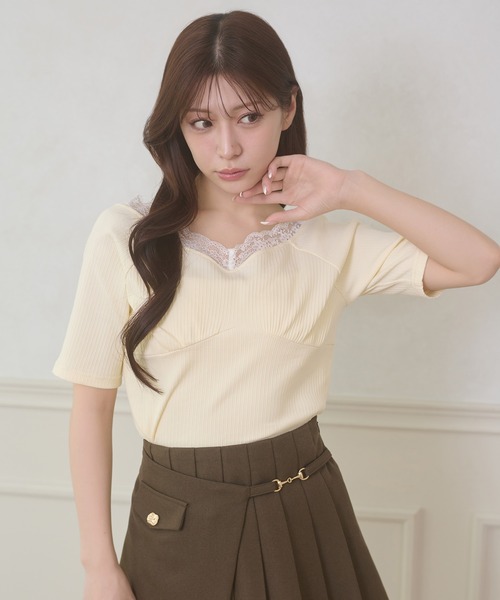 Ambre Neige(アンブルネージュ)の「lace docking rib tops / レースドッキングリブトップス(Tシャツ/カットソー・レディース・ブラック/グレー/オフホワイト・FREE)」の5枚目の写真