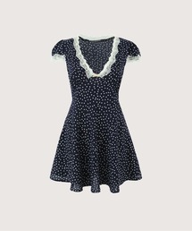 V-neck Lace Piping Dots One Piece