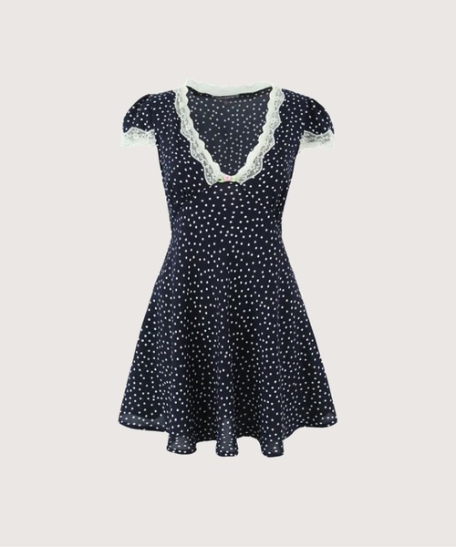 LA POMME petit(ラポミ・プチ)の「V-neck Lace Piping Dots One Piece(ワンピース・レディース・ネイビー・SMALL/LARGE/MEDIUM)」の1枚目の写真