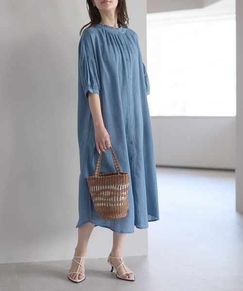 PREFERIR(プレフェリール)の「インド綿 襟プリーツAライン レーヨンリネン シャツワンピース(シャツワンピース・レディース・ベージュ/ブルー/ブラック・FREE)」の5枚目の写真