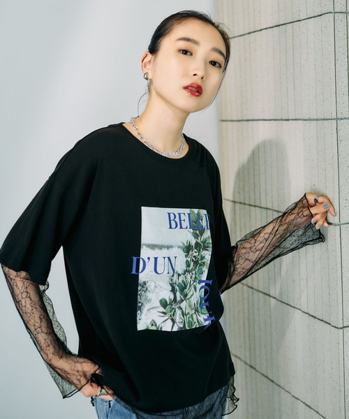 LEPSIM(レプシィム)の「シアーレースレイヤードT 887658(Tシャツ/カットソー・レディース・チャコールグレー/オフホワイト/ライトブルー/ブラック・FREE)」の1枚目の写真