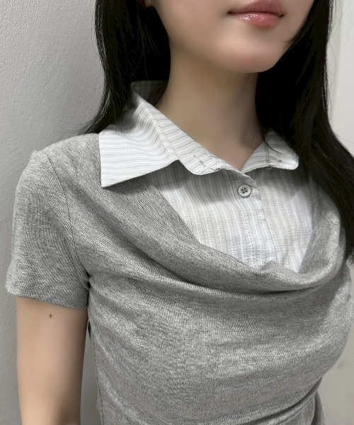 Never mind the XU / Chikashitsu+（ネバーマインド ザ エックスユー / チカシツプラス）の「【nmtc+】Layered Draped Shirring Shirt Top / 【エヌエムティーシープラス】レイヤードドレープシャーリング半袖シャツトップス（シャツ/ブラウス・レディース・グレー/チャコール・ONE SIZE）」の12枚目の写真