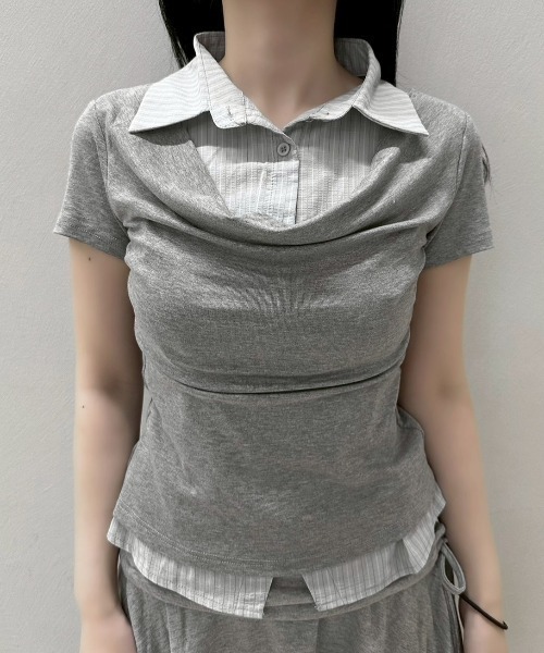 Never mind the XU / Chikashitsu+（ネバーマインド ザ エックスユー / チカシツプラス）の「【nmtc+】Layered Draped Shirring Shirt Top / 【エヌエムティーシープラス】レイヤードドレープシャーリング半袖シャツトップス（シャツ/ブラウス・レディース・グレー/チャコール・ONE SIZE）」の9枚目の写真