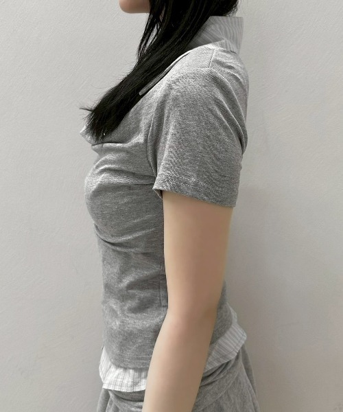 Never mind the XU / Chikashitsu+（ネバーマインド ザ エックスユー / チカシツプラス）の「【nmtc+】Layered Draped Shirring Shirt Top / 【エヌエムティーシープラス】レイヤードドレープシャーリング半袖シャツトップス（シャツ/ブラウス・レディース・グレー/チャコール・ONE SIZE）」の10枚目の写真