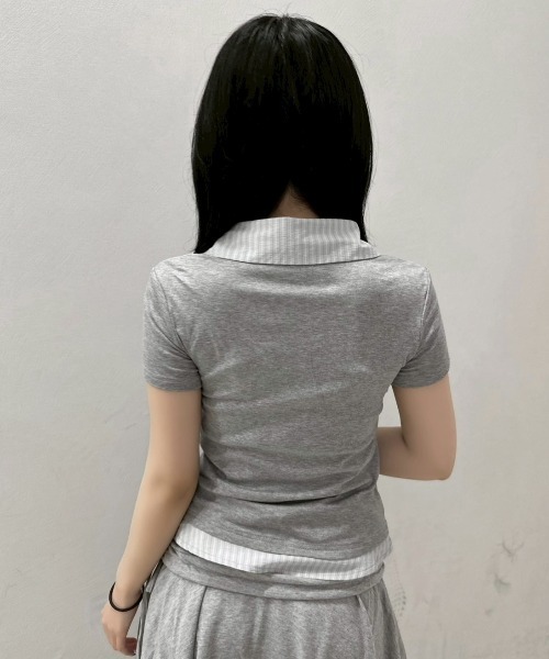 Never mind the XU / Chikashitsu+（ネバーマインド ザ エックスユー / チカシツプラス）の「【nmtc+】Layered Draped Shirring Shirt Top / 【エヌエムティーシープラス】レイヤードドレープシャーリング半袖シャツトップス（シャツ/ブラウス・レディース・グレー/チャコール・ONE SIZE）」の8枚目の写真