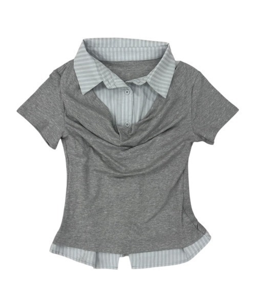 Never mind the XU / Chikashitsu+（ネバーマインド ザ エックスユー / チカシツプラス）の「【nmtc+】Layered Draped Shirring Shirt Top / 【エヌエムティーシープラス】レイヤードドレープシャーリング半袖シャツトップス（シャツ/ブラウス・レディース・グレー/チャコール・ONE SIZE）」の13枚目の写真