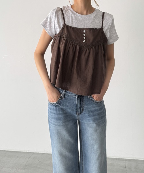 CANAL JEAN(キャナルジーン)の「HARING コットンリネンレーストリムキャミ(シャツ/ブラウス・レディース・ネイビー/ブラウン・ONE SIZE)」の7枚目の写真