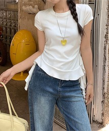 丸首肩フィット半袖 T シャツ サイドフリル切り替えスリムトップス