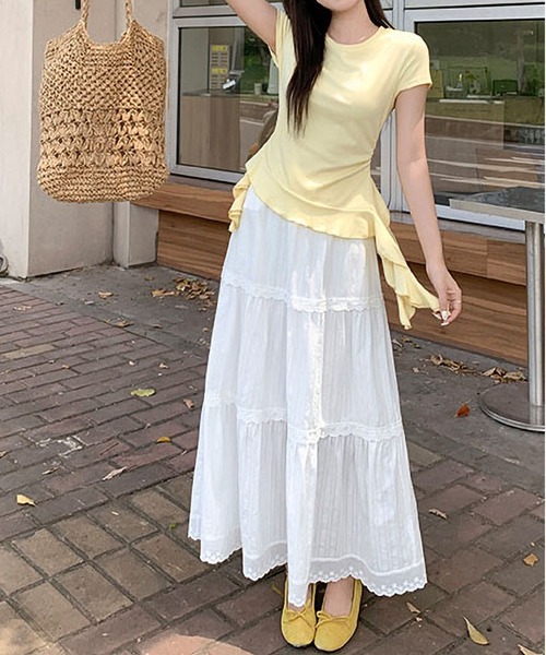 MAISON DE THERESE（メゾン ド テレーズ）の「丸首肩フィット半袖 T シャツ サイドフリル切り替えスリムトップス（シャツ/ブラウス・レディース・Yellow/White/Navy・M）」の3枚目の写真