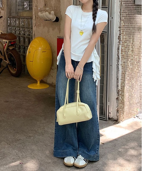 MAISON DE THERESE（メゾン ド テレーズ）の「丸首肩フィット半袖 T シャツ サイドフリル切り替えスリムトップス（シャツ/ブラウス・レディース・Yellow/White/Navy・M）」の8枚目の写真