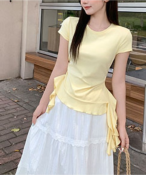 MAISON DE THERESE（メゾン ド テレーズ）の「丸首肩フィット半袖 T シャツ サイドフリル切り替えスリムトップス（シャツ/ブラウス・レディース・Yellow/White/Navy・M）」の16枚目の写真