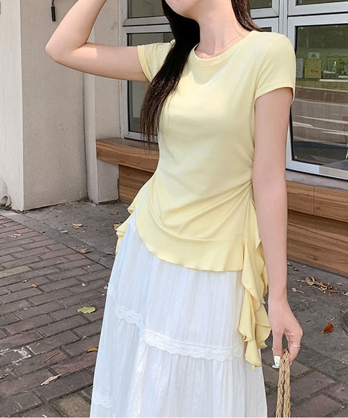 MAISON DE THERESE（メゾン ド テレーズ）の「丸首肩フィット半袖 T シャツ サイドフリル切り替えスリムトップス（シャツ/ブラウス・レディース・Yellow/White/Navy・M）」の17枚目の写真