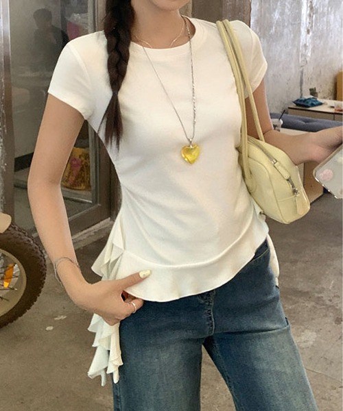 MAISON DE THERESE（メゾン ド テレーズ）の「丸首肩フィット半袖 T シャツ サイドフリル切り替えスリムトップス（シャツ/ブラウス・レディース・Yellow/White/Navy・M）」の7枚目の写真
