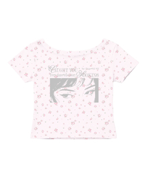 エブリグランスプリンティングフラワーワンショルダー スリムフィット半袖Tシャツ ピンク