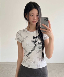 アンノウンリボン バタフライフルプリントスリムフィット半袖Tシャツ ライトグレー