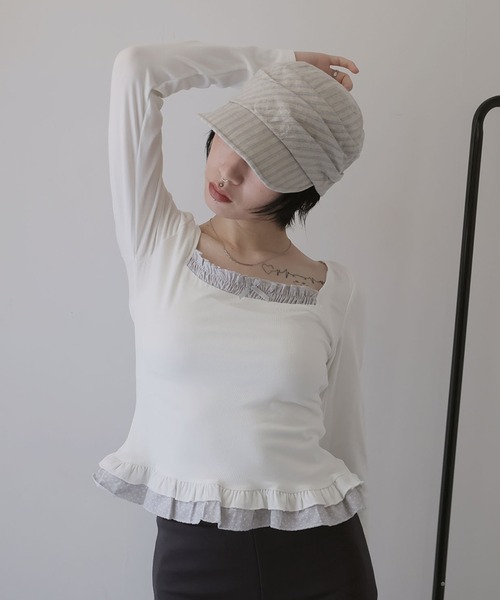 Ulysses(ユリシス)の「フェイクレイヤードスクエアネックカットソー(Tシャツ/カットソー・レディース・ホワイト/グレー・F)」の7枚目の写真