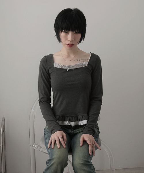 Ulysses(ユリシス)の「フェイクレイヤードスクエアネックカットソー(Tシャツ/カットソー・レディース・ホワイト/グレー・F)」の19枚目の写真