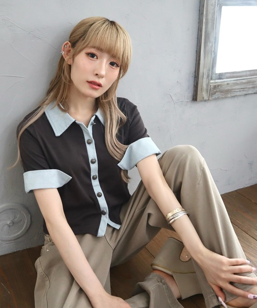 CECIL McBEE(セシルマクビー)の「デニムドッキングテレコリブ半袖カーディガン(カーディガン/ボレロ・レディース・ブラック/チャコールグレー・MEDIUM/LARGE)」の3枚目の写真
