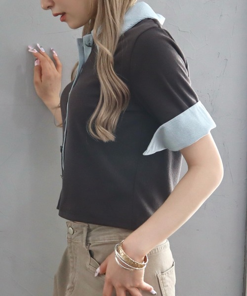 CECIL McBEE(セシルマクビー)の「デニムドッキングテレコリブ半袖カーディガン(カーディガン/ボレロ・レディース・ブラック/チャコールグレー・MEDIUM/LARGE)」の4枚目の写真