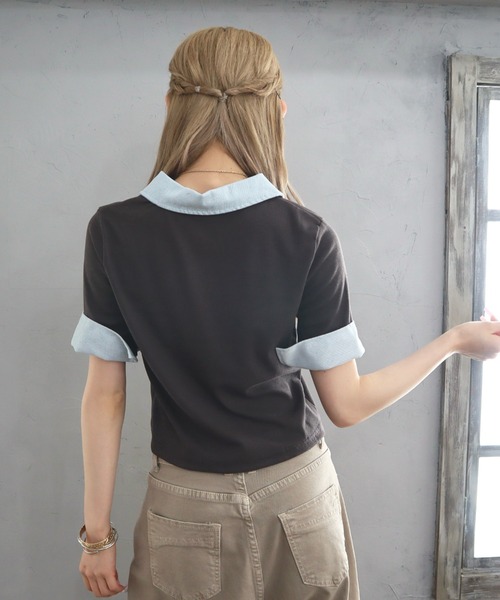 CECIL McBEE(セシルマクビー)の「デニムドッキングテレコリブ半袖カーディガン(カーディガン/ボレロ・レディース・ブラック/チャコールグレー・MEDIUM/LARGE)」の5枚目の写真