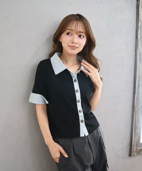 CECIL McBEE(セシルマクビー)の「デニムドッキングテレコリブ半袖カーディガン(カーディガン/ボレロ・レディース・ブラック/チャコールグレー・MEDIUM/LARGE)」の7枚目の写真