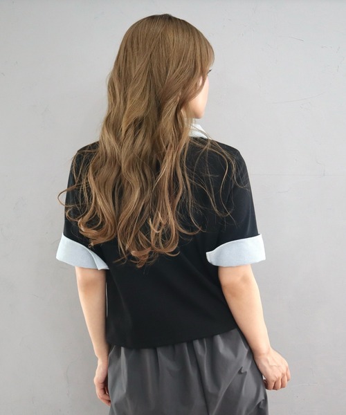CECIL McBEE(セシルマクビー)の「デニムドッキングテレコリブ半袖カーディガン(カーディガン/ボレロ・レディース・ブラック/チャコールグレー・MEDIUM/LARGE)」の9枚目の写真
