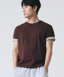 配色ロールアップセミクロップ半袖Tシャツ LR2TU253_BURGUNDY