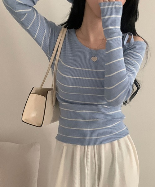 Girly Doll(ガーリードール)の「リボンワンショルボーダーリブニット(ニット/セーター・レディース・ネイビー/オフホワイト/ブルー/ピンク・FREE)」の9枚目の写真