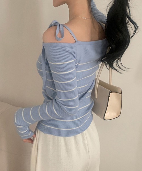 Girly Doll(ガーリードール)の「リボンワンショルボーダーリブニット(ニット/セーター・レディース・ネイビー/オフホワイト/ブルー/ピンク・FREE)」の10枚目の写真