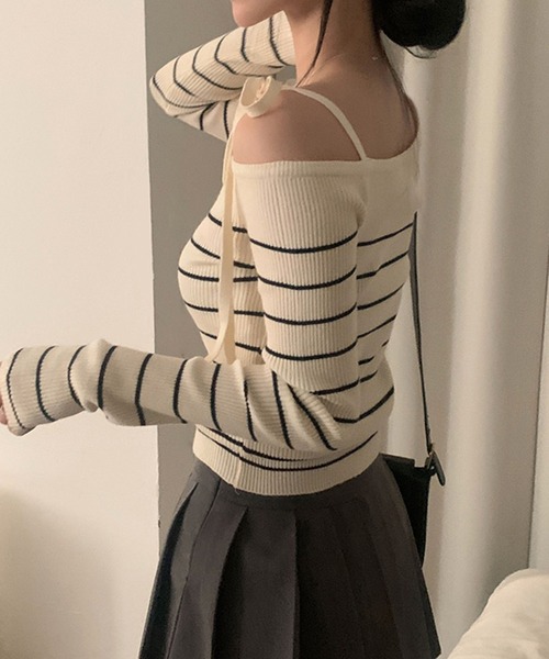 Girly Doll(ガーリードール)の「リボンワンショルボーダーリブニット(ニット/セーター・レディース・ネイビー/オフホワイト/ブルー/ピンク・FREE)」の14枚目の写真