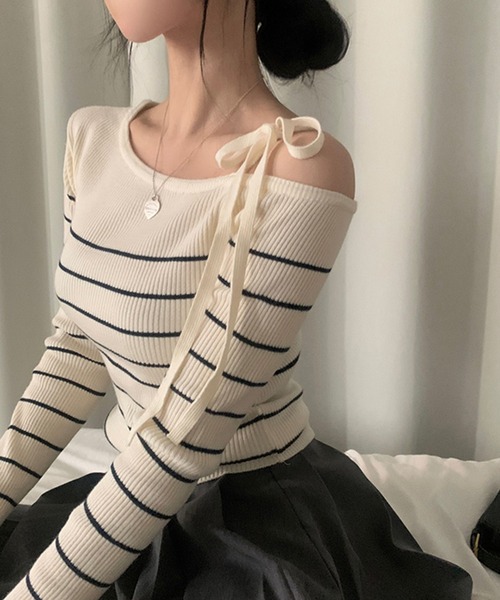 Girly Doll(ガーリードール)の「リボンワンショルボーダーリブニット(ニット/セーター・レディース・ネイビー/オフホワイト/ブルー/ピンク・FREE)」の21枚目の写真