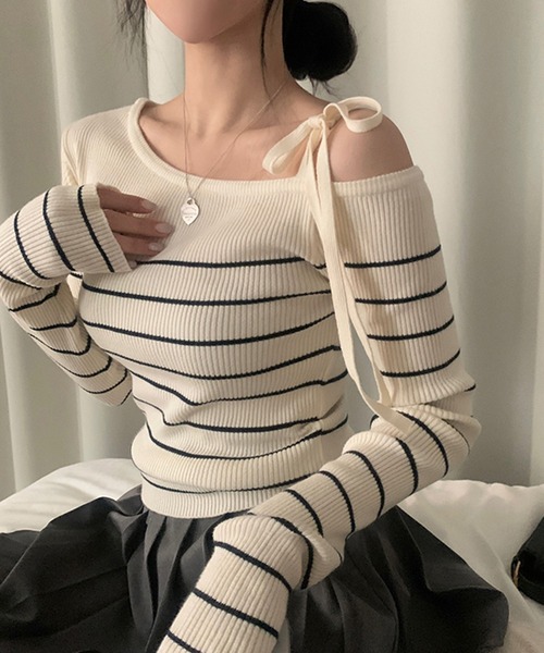 Girly Doll(ガーリードール)の「リボンワンショルボーダーリブニット(ニット/セーター・レディース・ネイビー/オフホワイト/ブルー/ピンク・FREE)」の22枚目の写真