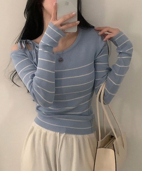 Girly Doll(ガーリードール)の「リボンワンショルボーダーリブニット(ニット/セーター・レディース・ネイビー/オフホワイト/ブルー/ピンク・FREE)」の5枚目の写真