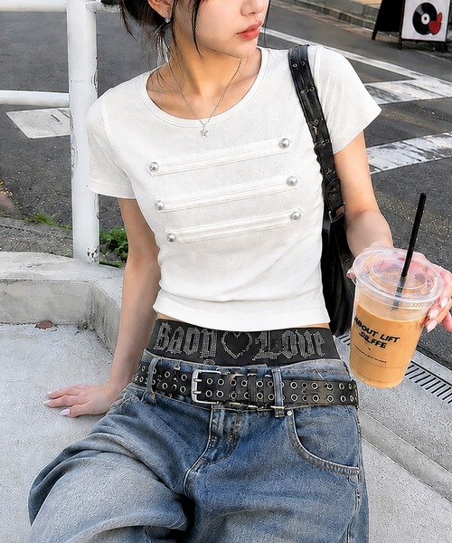 SPINNS（スピンズ）の「ナポレオン半袖カットソー/ストリート女子（Tシャツ/カットソー・レディース・ミント/ブラック/オフホワイト/ピンク・ONESIZE）」の2枚目の写真