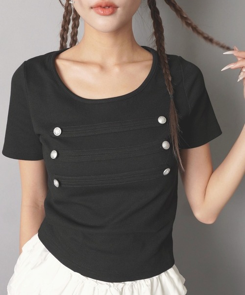 SPINNS（スピンズ）の「ナポレオン半袖カットソー/ストリート女子（Tシャツ/カットソー・レディース・ミント/ブラック/オフホワイト/ピンク・ONESIZE）」の3枚目の写真