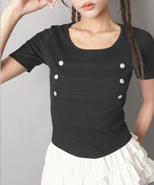 SPINNS（スピンズ）の「ナポレオン半袖カットソー/ストリート女子（Tシャツ/カットソー・レディース・ミント/ブラック/オフホワイト/ピンク・ONESIZE）」の11枚目の写真