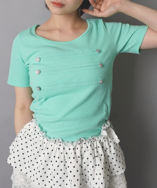 SPINNS（スピンズ）の「ナポレオン半袖カットソー/ストリート女子（Tシャツ/カットソー・レディース・ミント/ブラック/オフホワイト/ピンク・ONESIZE）」の6枚目の写真