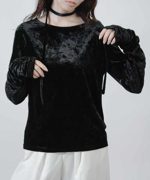 Social GIRL（ソーシャルガール）の「チョーカー付き ベロア シャーリングトップス 長袖（Tシャツ/カットソー・レディース・ブラウン/ブラック/アイボリー・M）」の2枚目の写真