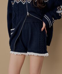 【セットアップ対応】レースレイヤードケーブルニットショートパンツ