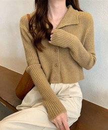 襟付き リブニット ショートカーディガン
