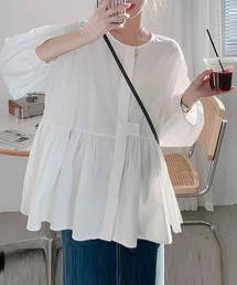 ウエスト切り替えペプラム長袖ブラウス