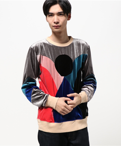 ALDIES(アールディーズ)の「Exchange Velor パッチワーク ベロアトップス(Tシャツ/カットソー・メンズ・ブラウン/ブルーグリーン/グレー・SMALL/MEDIUM/LARGE)」の1枚目の写真