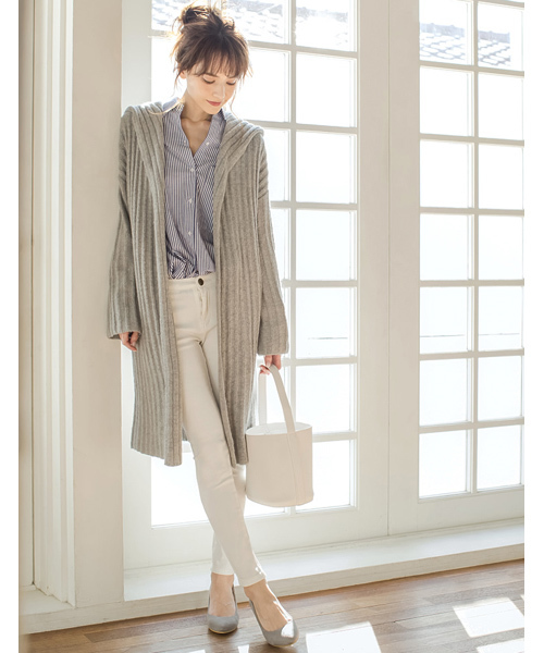 Re:EDIT（リエディ）の「[リエディ]フード付きブークレPUリブニットコート/コーディガン/アウター/カーディガン（カーディガン/ボレロ・レディース・グレー/ブラック/アイボリー/ピンクベージュ・LARGE/MEDIUM）」の3枚目の写真